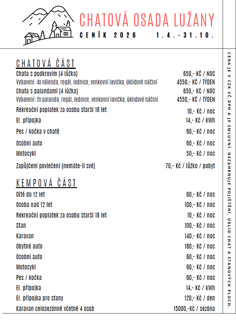 Ceník ubytování v chatkách karavanech a ve stanech v autokempu chatové osadě Lužany